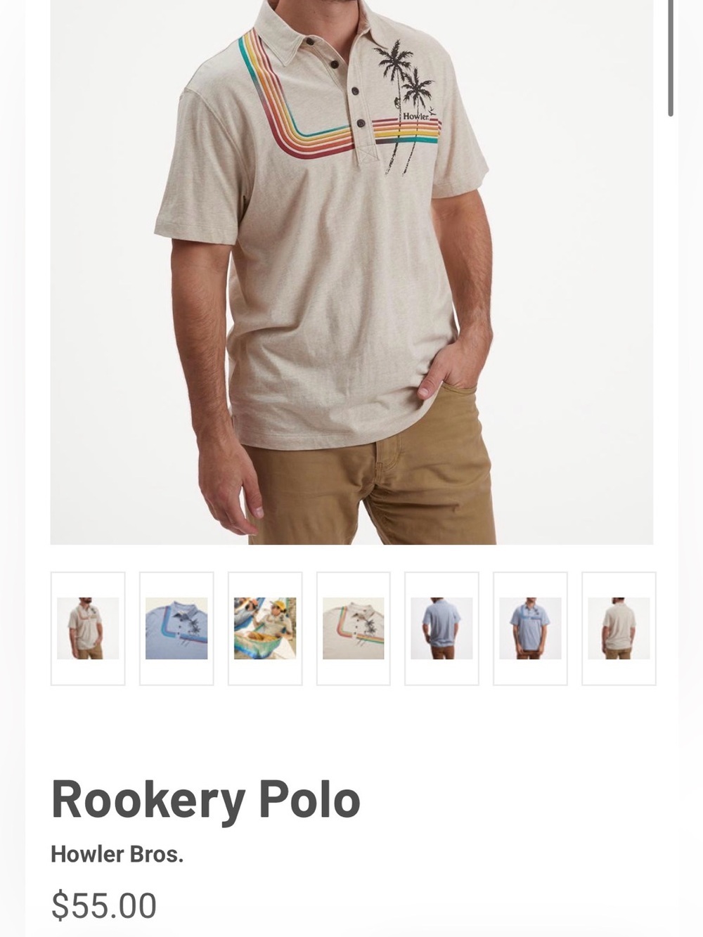 Howler Brothers Cream Polo with Retro Rainbow Stripes & Palm Graphic